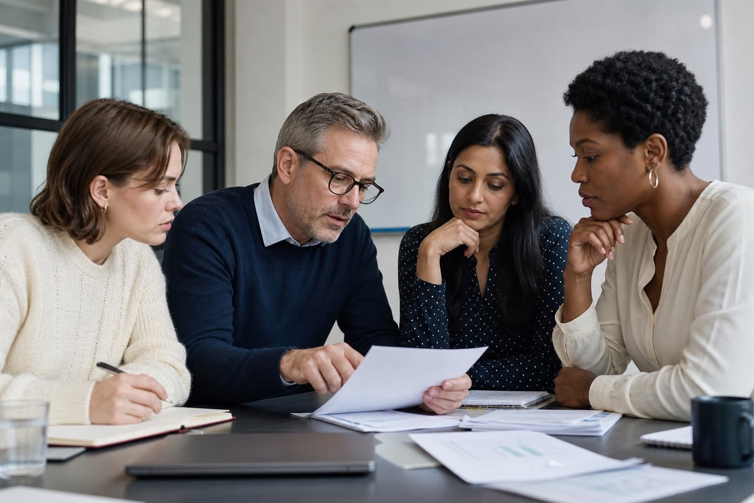 Managers reviewing responsible workplace practice together