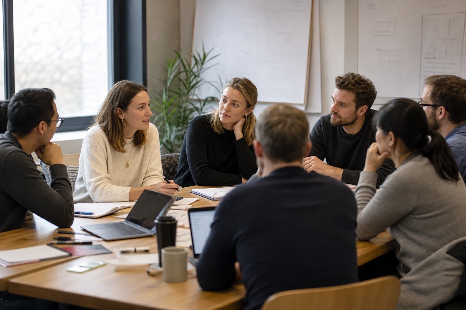 A workplace team sharing questions and perspectives around a table