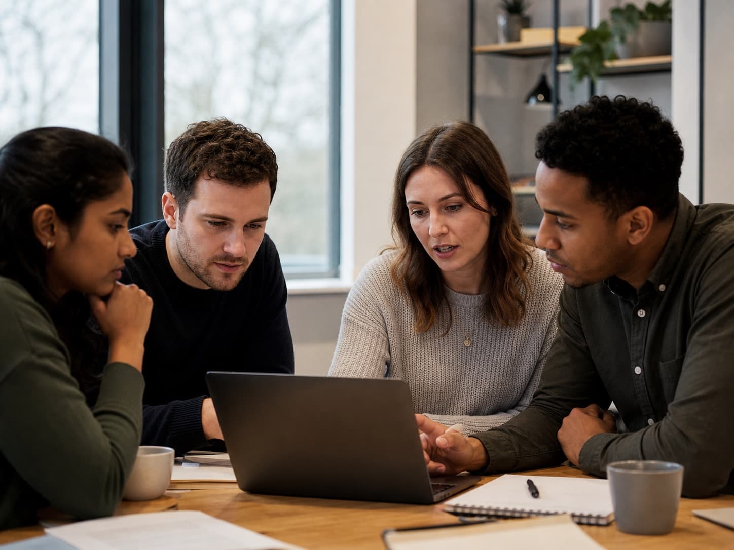 Colleagues having a focused conversation around a laptop